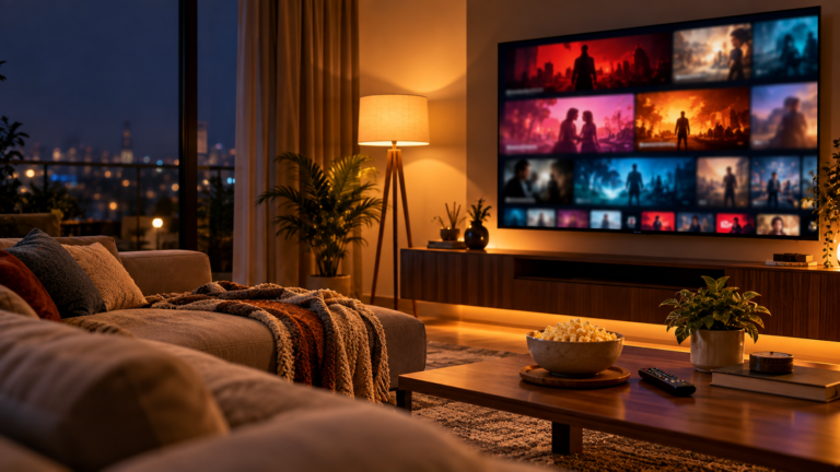 Cosy living room at night with a large TV showing rows of streaming thumbnails and popcorn on the coffee table