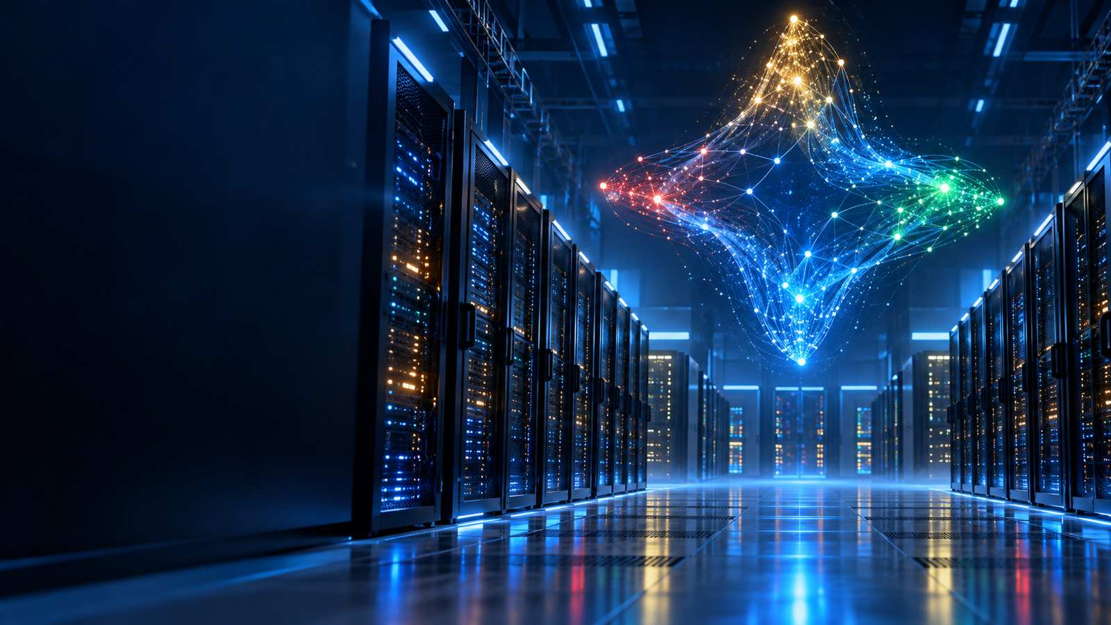 Abstract glowing neural network above rows of servers in a data centre, representing Google's Gemini 4 Argon AI model