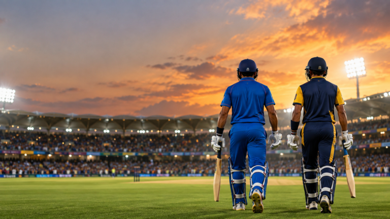 Two cricketers in Indian and Sri Lankan team colours walking out onto a floodlit cricket ground